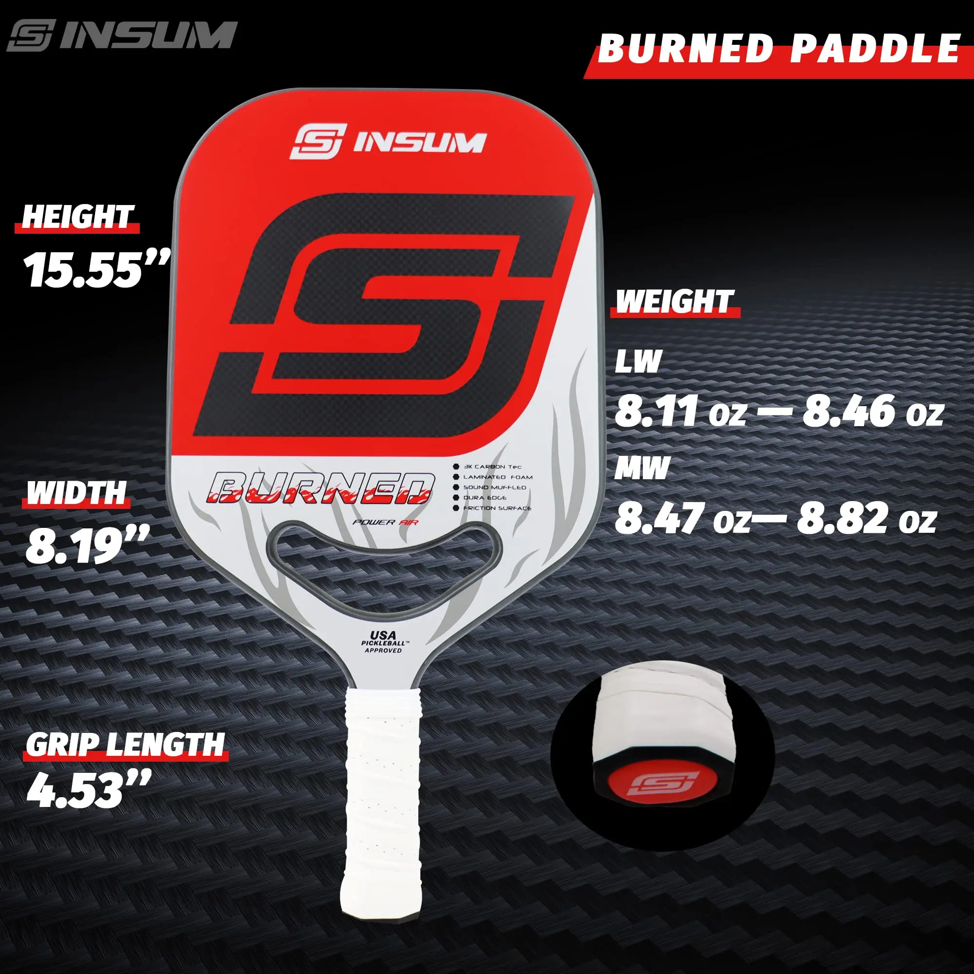 INSUM Raging Pickleball Paddle Carbon Fiber Surface Edgeless Design Widebody Shape for Control Power & Larger Sweet Spot 19.6mm