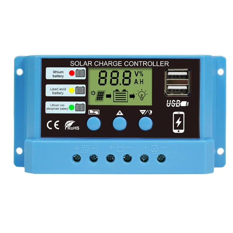 Solar Controller 10A to 60A Adaptive 12V 24V For Lithium Lead-Acid Battery Circuit Lighting PV Plate Charge/Discharge Controller