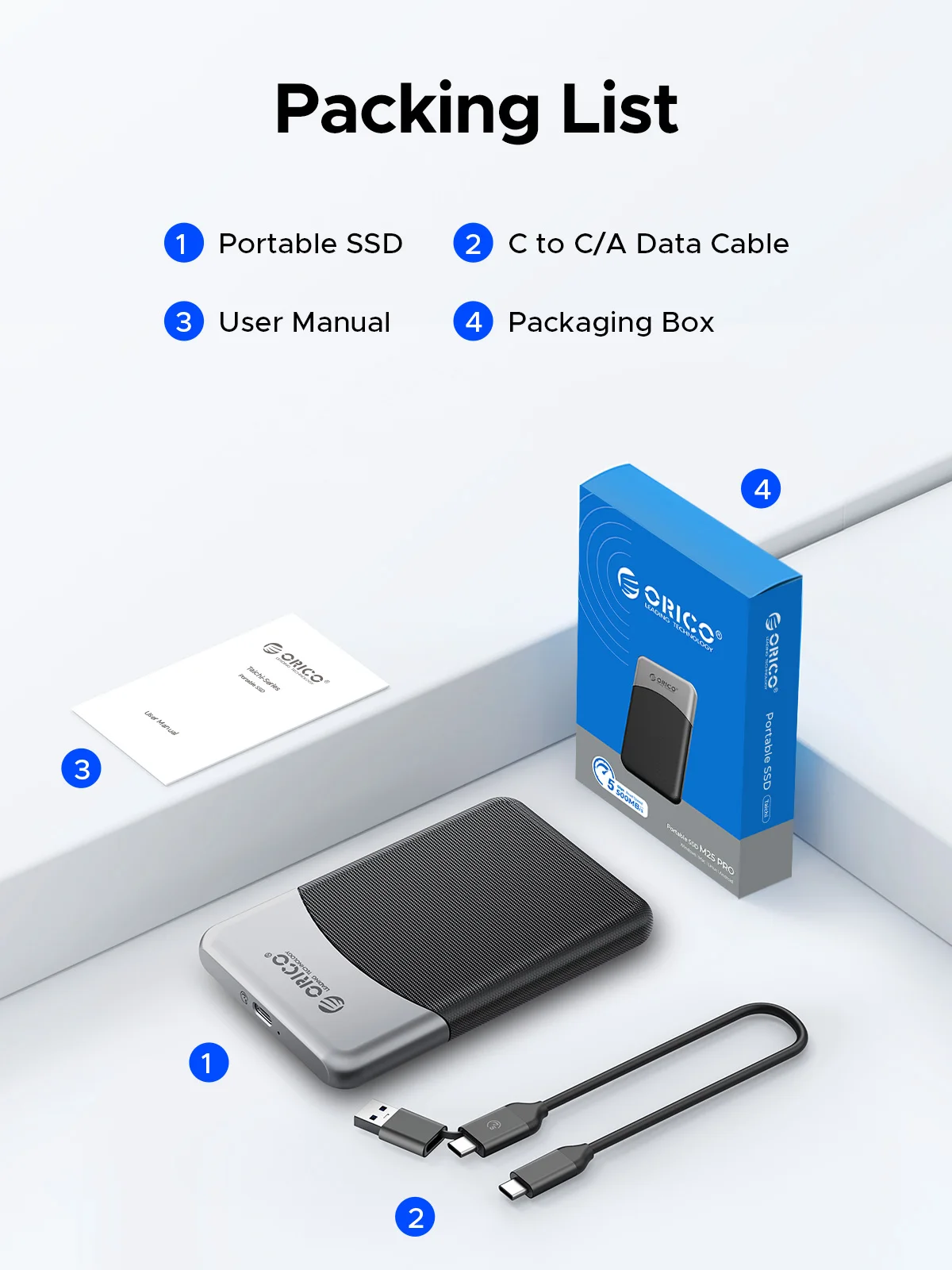 ORICO 2.5인치 외장형 솔리드 스테이트 드라이브 5Gbps USB 3.2 Gen1 Type-C 휴대용 SSD (화웨이 노트북 PC용)