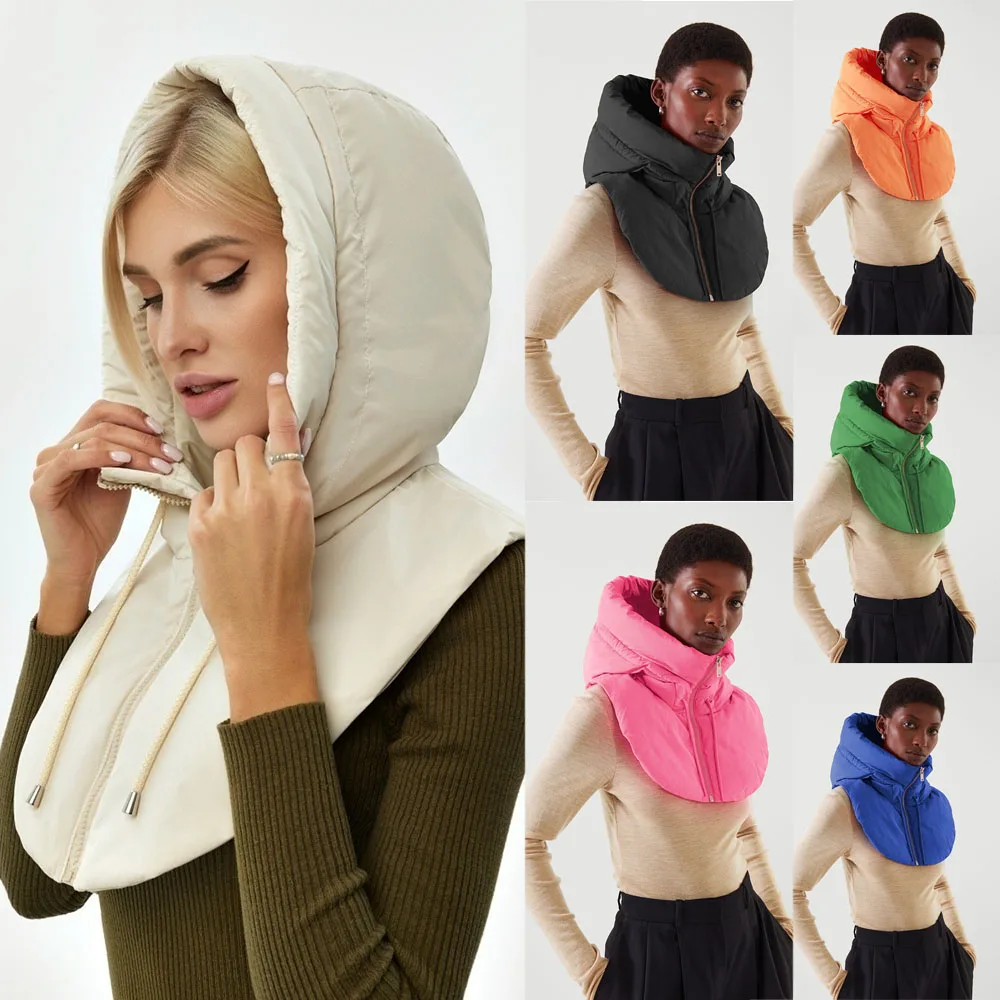 

Hooded Collar Winter Down Hooded Hats Warm Zippers Balaclava Hat Puffy Outdoor Short Hoodies Vests Coat Scarf Short Tank Top