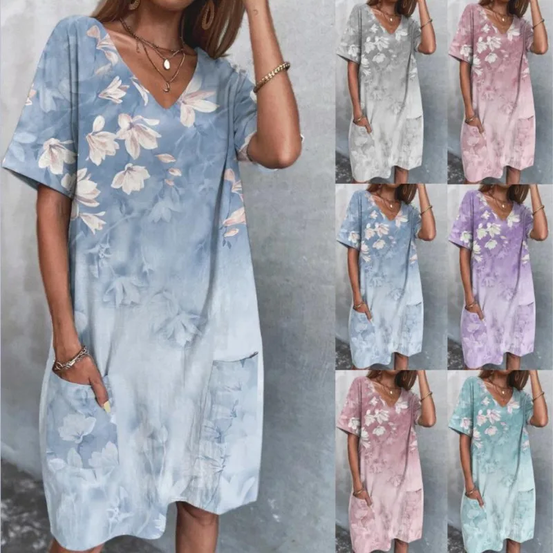 

Casual 2023 Fashion Print Loose And Comfortable Pullover Mid Waist V-Neck Pocket Mid Length Dress Short Sleeve Dresses