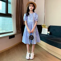 Summer Children’s Clothing for 4-14 Y Blue Princess Dress College Style Dress Waist Casual Middle School Student Clothing Dress