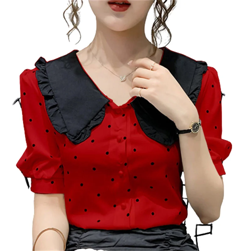 

Woman Spring Autumn Style Blouses Shirts Lady Fashion Casual Puff Half Sleeve Turn-down Polka Dots Blouse Tops WY0221