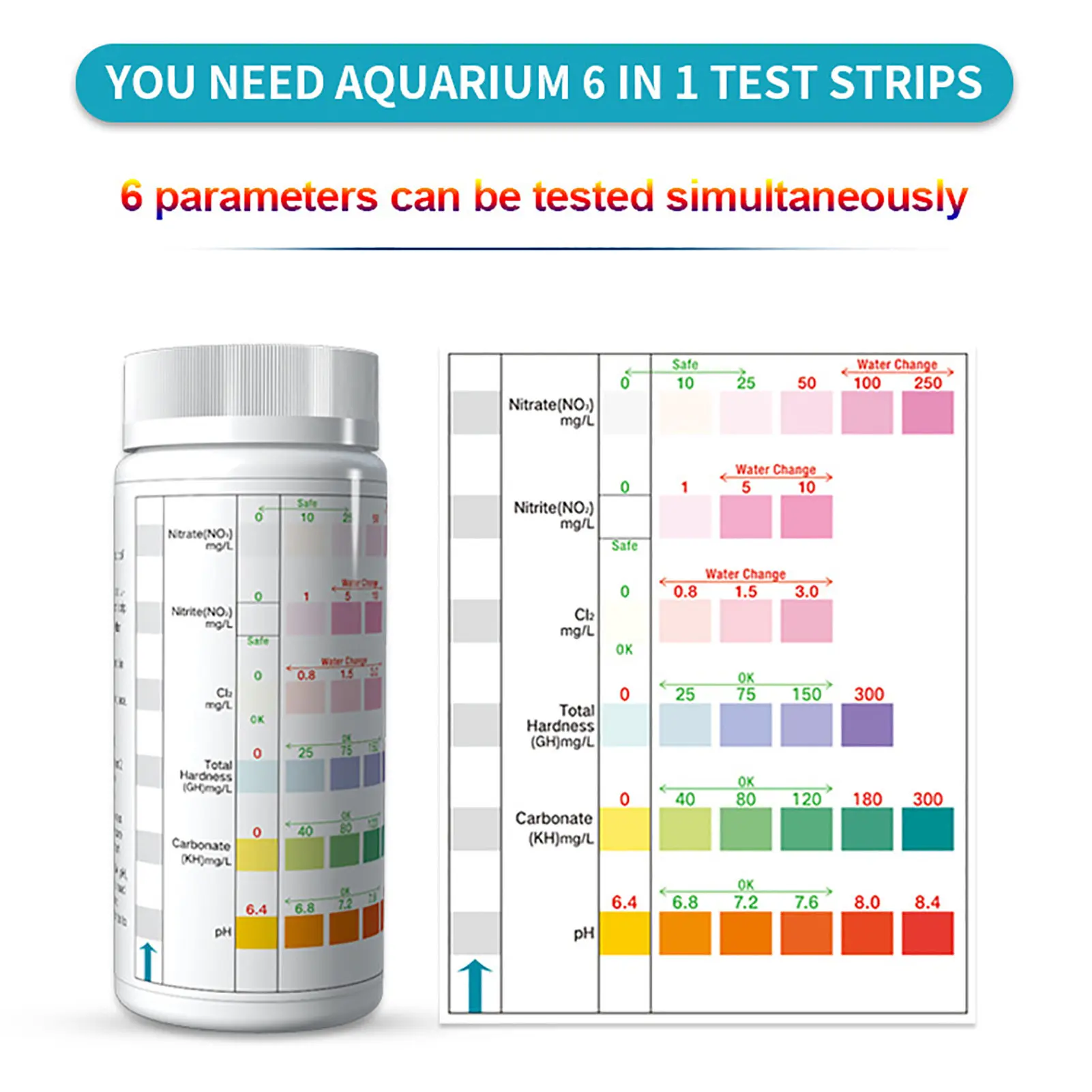 Aquarium Test Strips 6 In 1 Variety Of Water Parameters GH/KH/PH/nitrite/nitrate/chlorine 100 Strip
