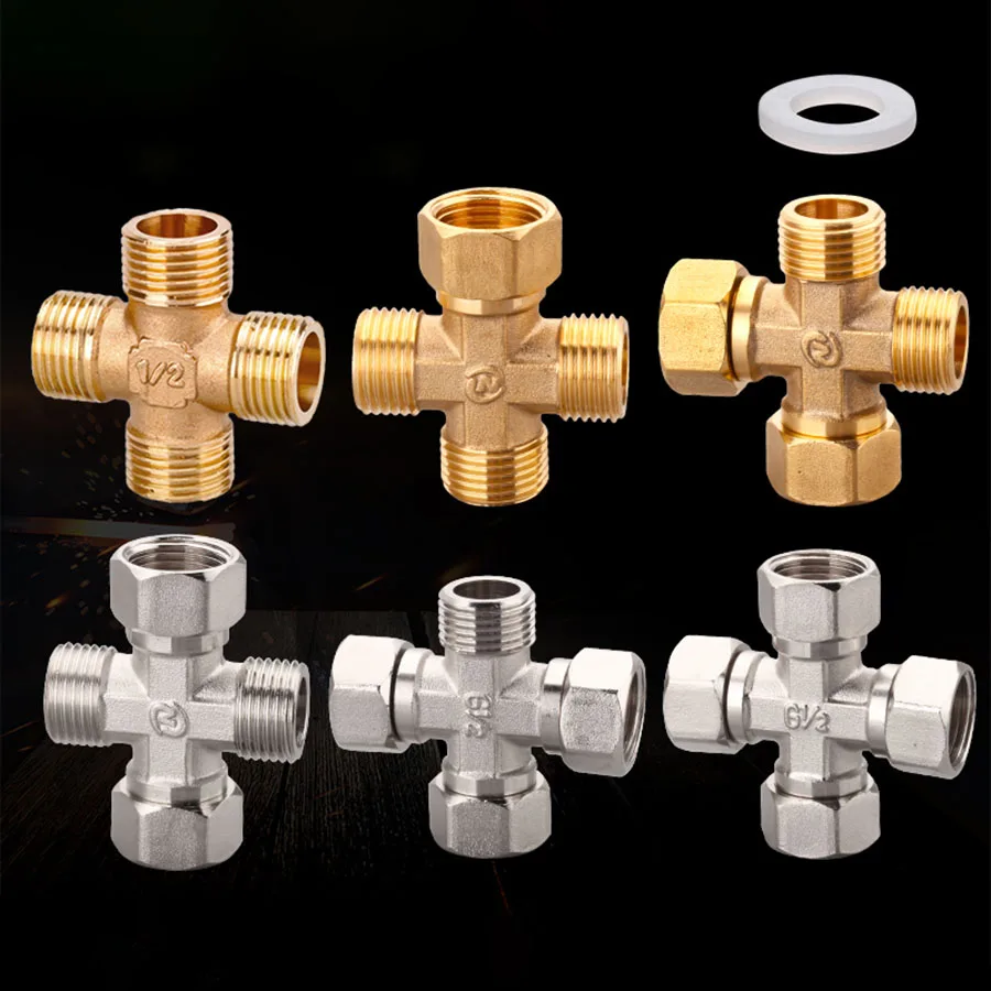 Copper Cross Joint 1/2" Bsp Female Male Thread One In Three Out Four-Way Movable Joint Water Pipe Fittings