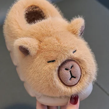 Winter 2025 Children's Capybara Slippers Parents Kids Size 24-45 Cartoon House Slippers Non Slip Soft Sole Plush Slippers Women 1