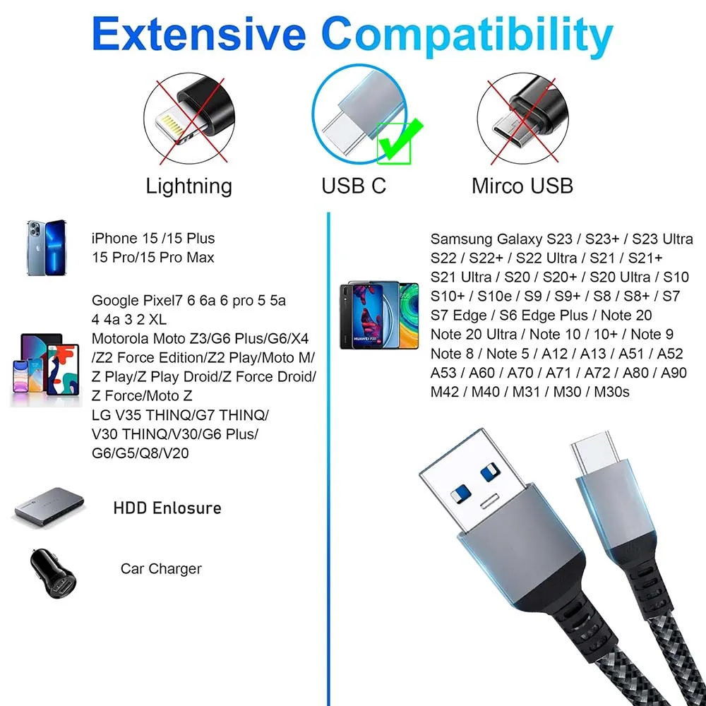 10Gbps USB-A to Type C 케이블, 긴 USB 3.2 Gen 2 USB A to C 충전 및 데이터 케이블, 2M USB 3.0 A to C 데이터 동기화 전원 케이블