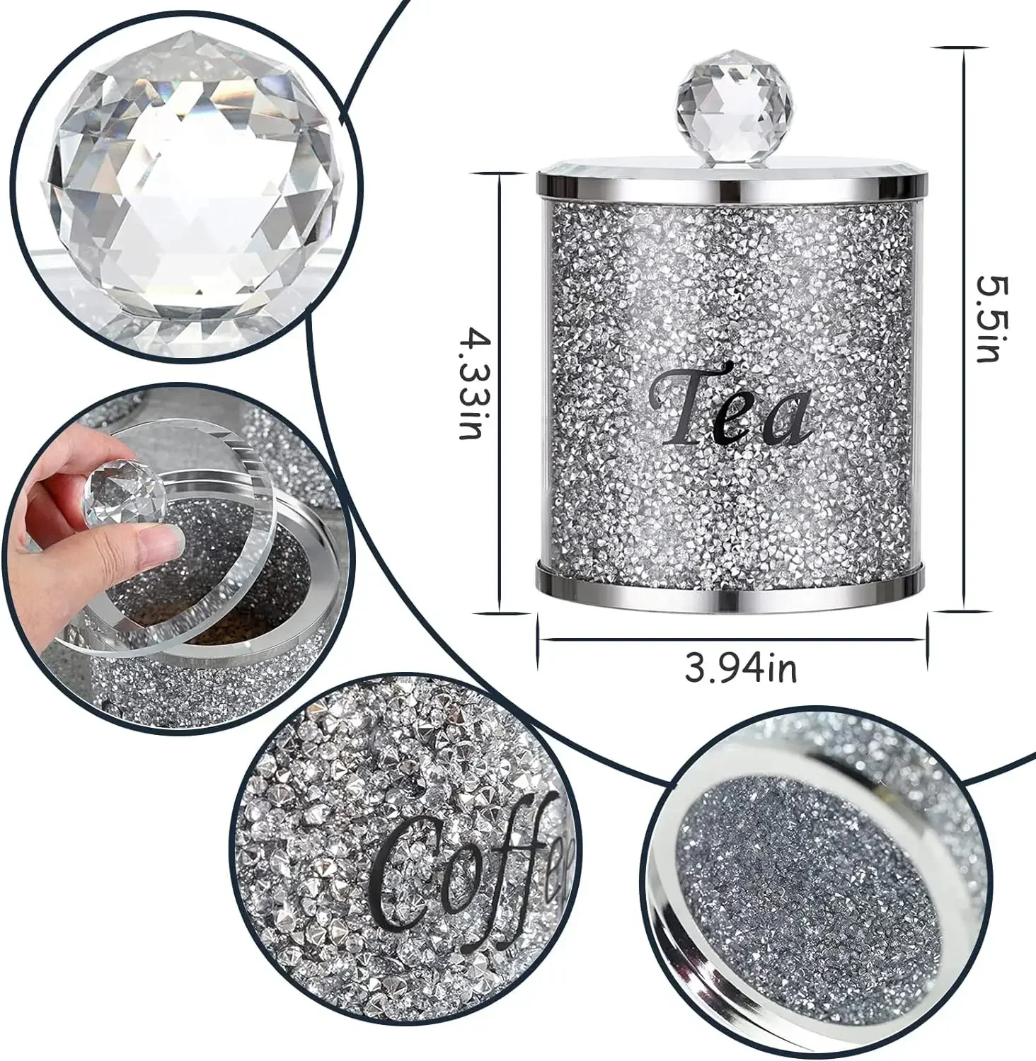 Crystal Coffee Sugar Tea Canister Set 3PCS Glass Crushed Diamonds Storage Container Set with Label & Lid Kitchen Decorative Jars 2