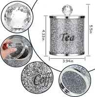 Crystal Coffee Sugar Tea Canister Set 3PCS Glass Crushed Diamonds Storage Container Set with Label & Lid Kitchen Decorative Jars 2