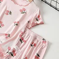 Girls Summer Pajama Set Cherry Blossom Print 4-Way Stretch Shorts & Tee Breathable Modal Blend for Bedtime and Playtime for 1-8Y 5