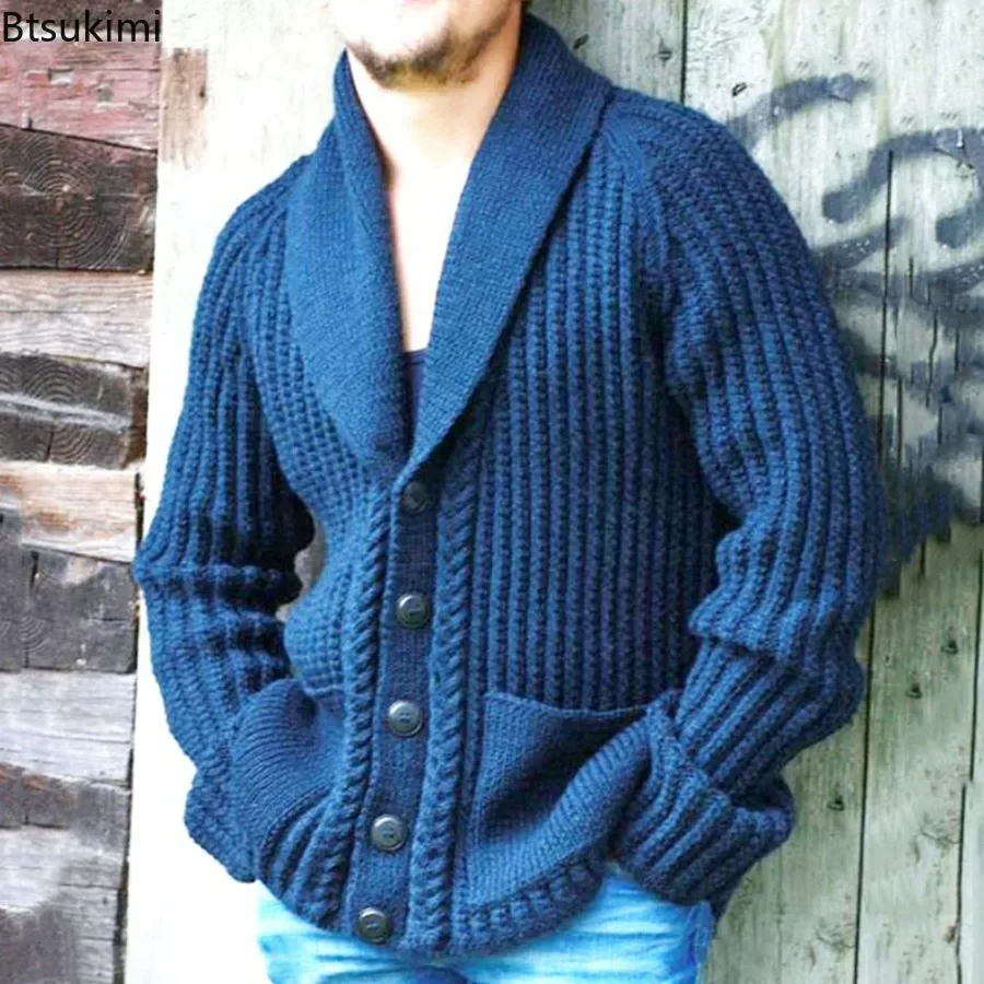 

2024 Men's Autumn Winter Cardigan Sweaters Slim Shawl Collar Outwear Sweater Coat for Men Button Up Wool Cardigan With Pockets