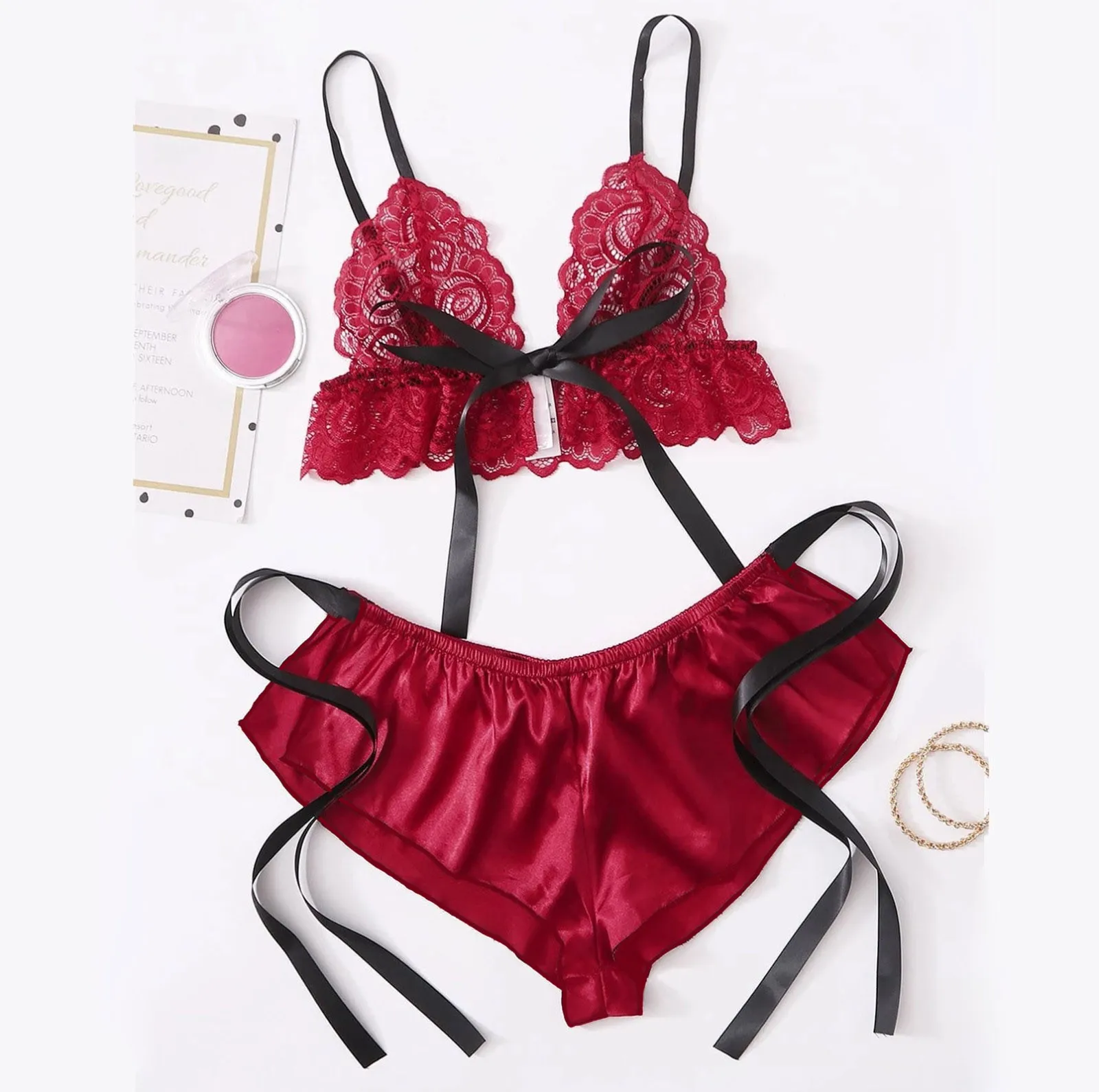 Lace Satin Sleepwear Bra Women Lingerie Wireless Shorts S-3xl Bow Men's Boxers Underwear Cotton Pyjama