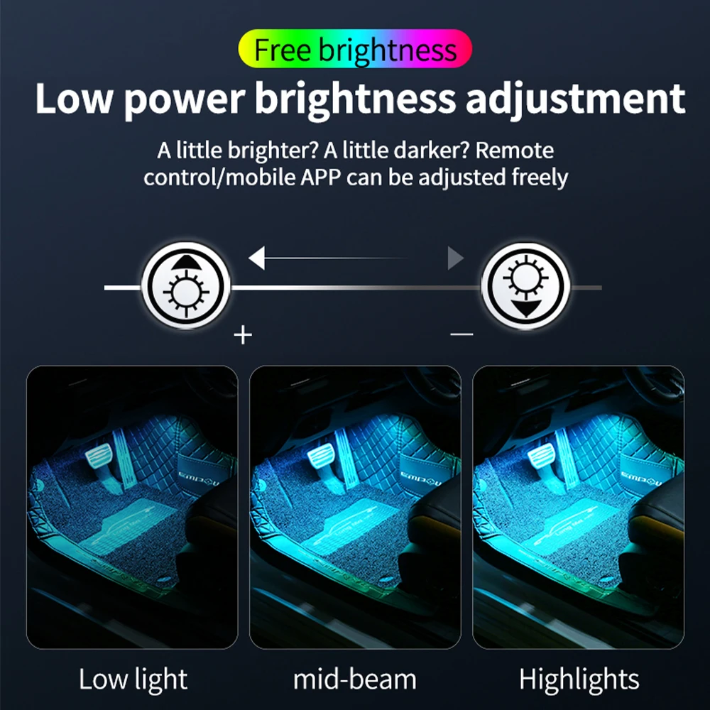 🌈 LED Car Interior Ambient Foot Strip Lighting Kit — RGB Backlight with Remote & App Control 🌈 4