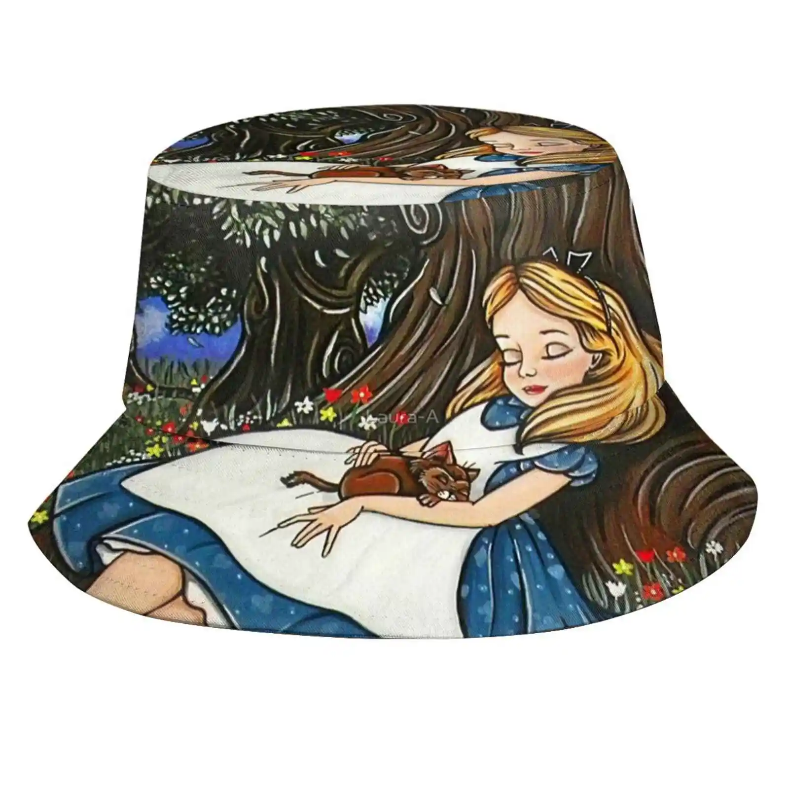 -Alice #2-Cappello Da Pescatore Panama Pieghevole Alice In Acrilico Fantasy Stregatto Tree Green Nature Sleeping Cat Original