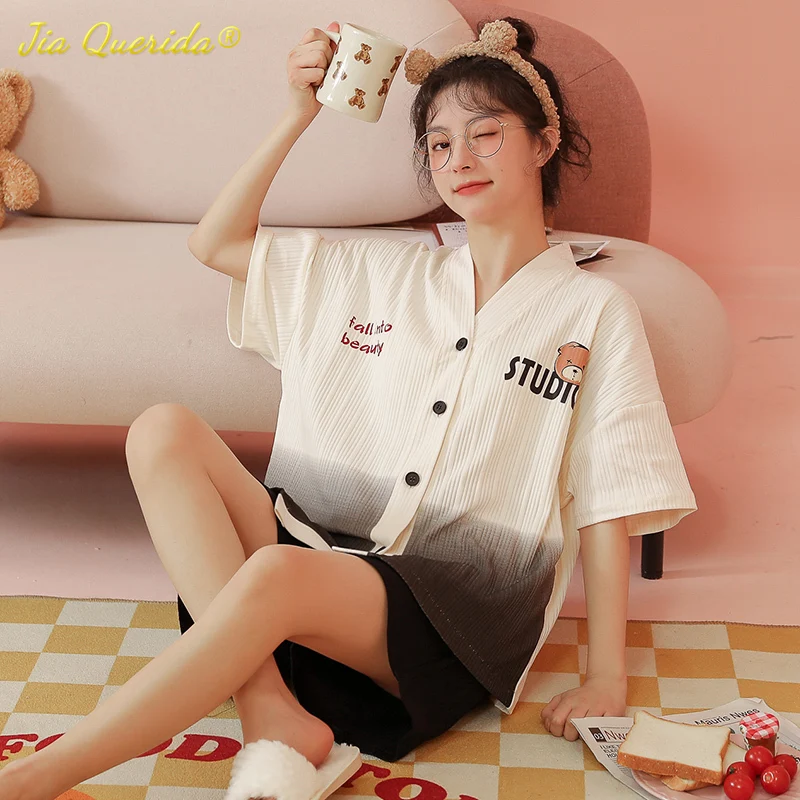 New Fashion Summer Pajama Sets Soft Cotton Black and White Gradient Homewear Bear Printing Korean Shorts Sleepwear for Couple men's silk pajamas Pajama Sets