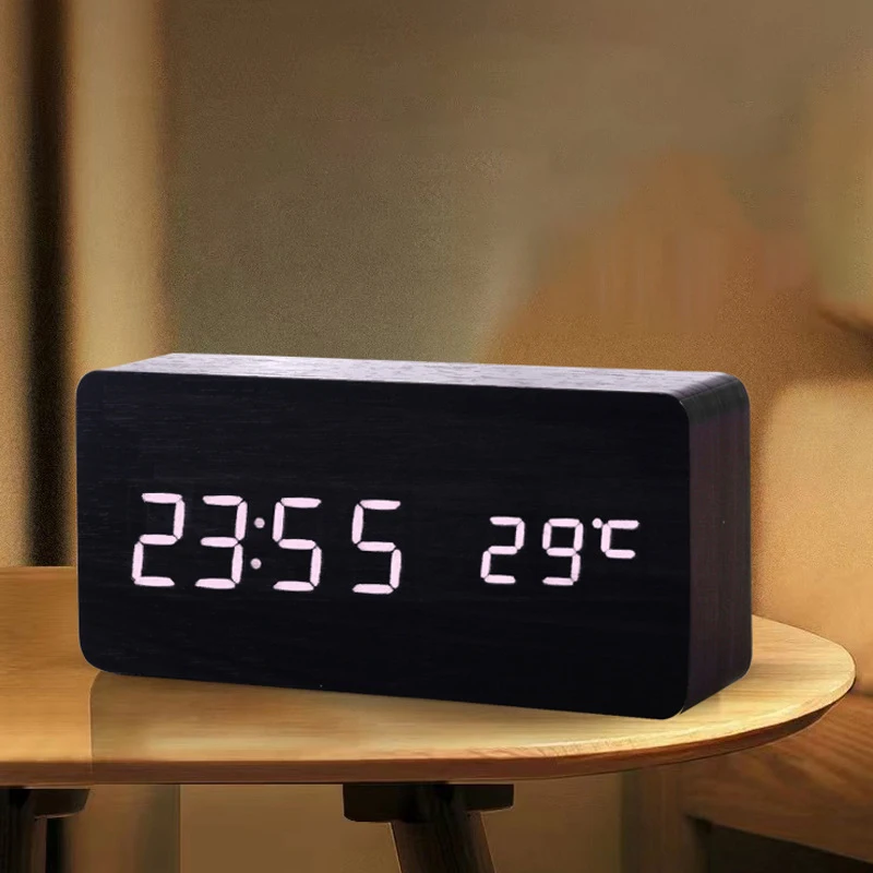 LED Student Alarm Clock Simple Wooden Clock Temperature Display Sound Control Desktop Home Decorative