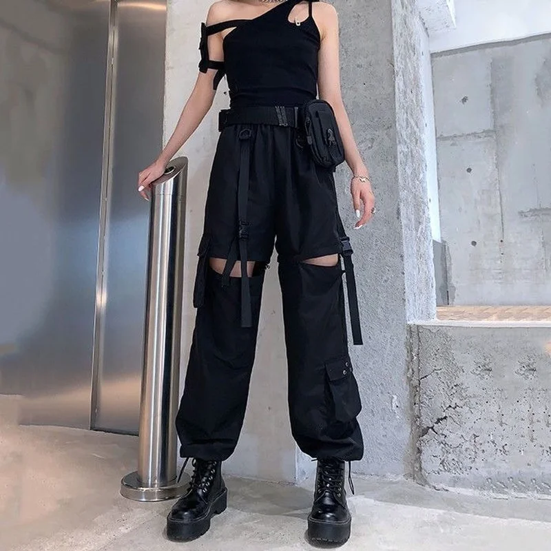 Korean Detachable Y2k Pants Casual Loose Solid High Waist Patchwork Hollow Out Pantalones 2022 Draw String Punk Wide Leg Pant 4