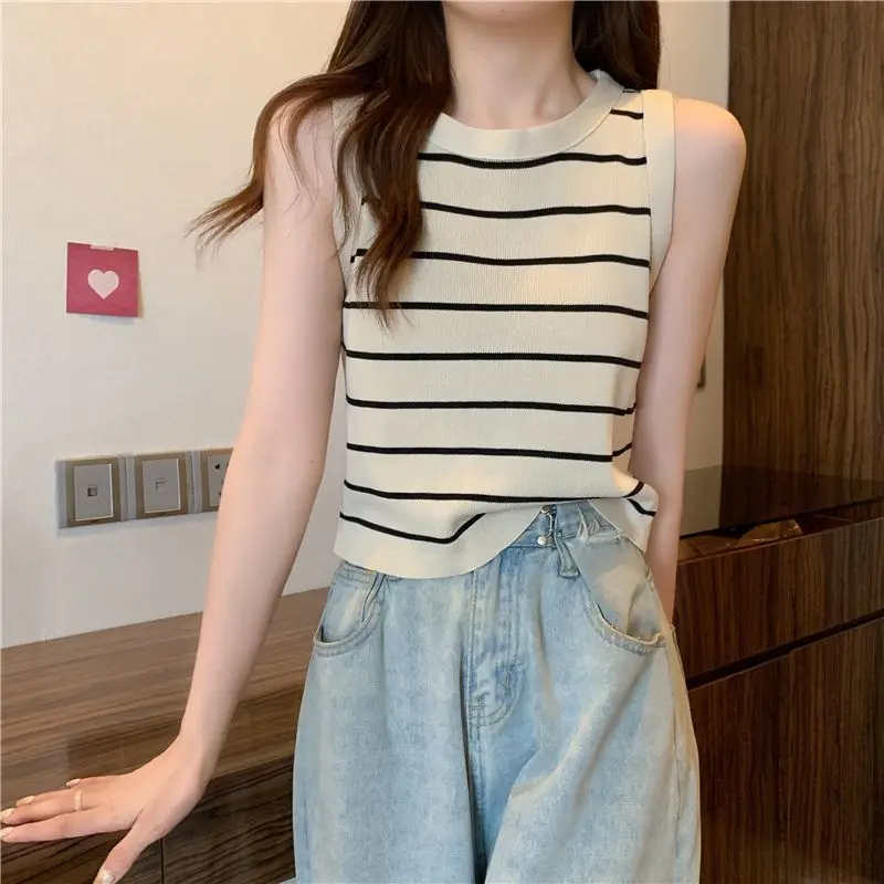 

Yasuk Spring Summer Fashion Stripes Casual Pullover Tess Vest Women's Loose Knitted Top Office Sweater Gentle