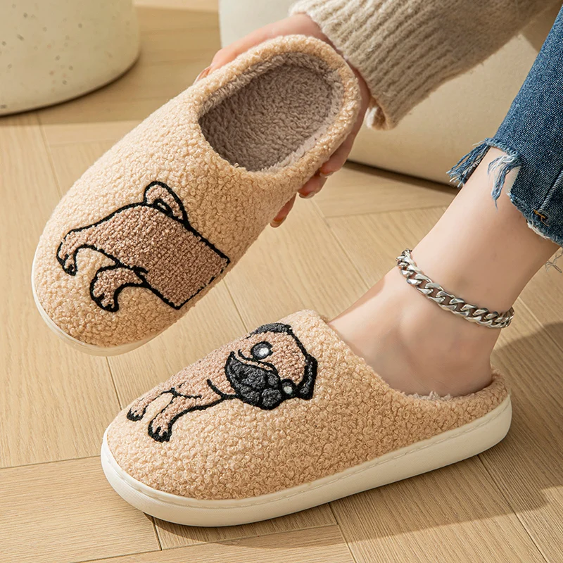 Patchwork Dog Home Fluffy Slippers Women Winter Light Flat Warm Plush Slippers Woman Comfort Soft Sole Non-slip Cotton Slides 5