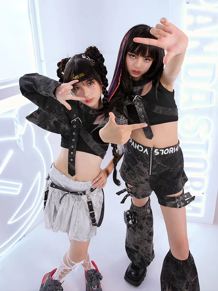 Kids Jazz Hip-Hop Dance Performance Costumes One-Sleeve Tops Silver Skirt Girls Stage Outfit Rave Modern Street Dance Clothes