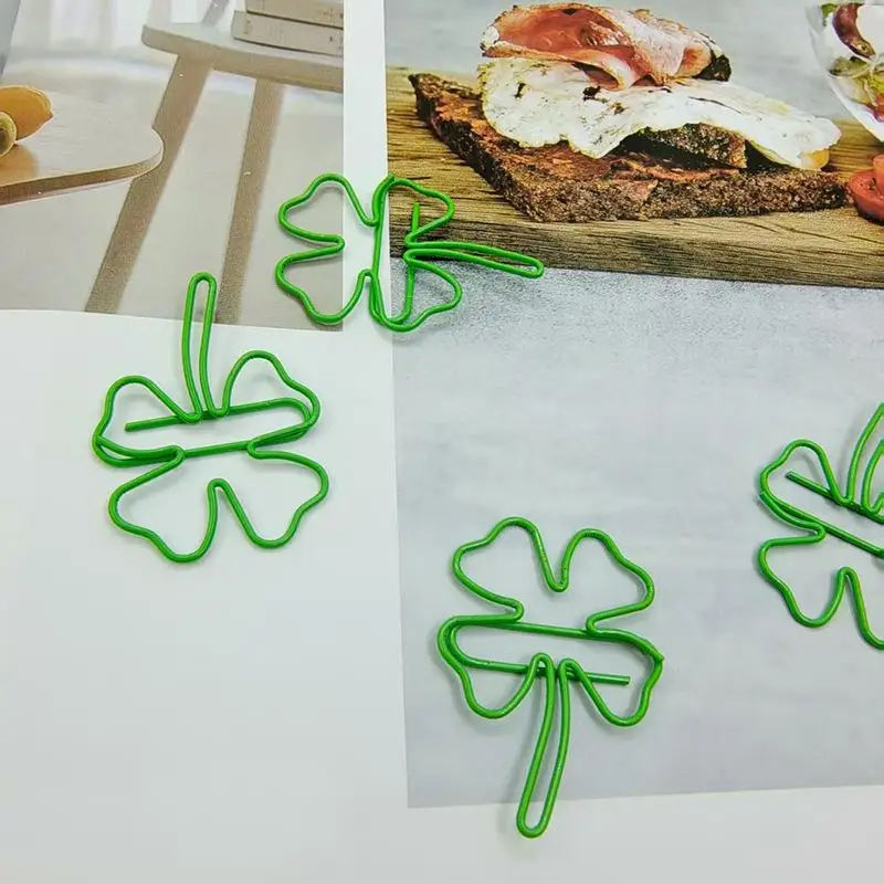 【W】50Pcs INS 스타일 녹색 네잎 클로버 종이 클립 스크랩북 장식 바인더 클립 미니 금속 북마크 사무실 책상 액세서리