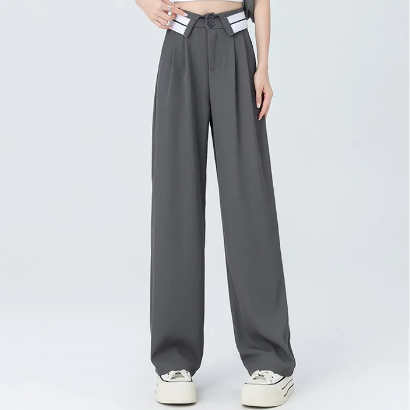 

Женские прямые брюки, однотонные повседневные Модные Костюмные брюки с высокой талией и широкими штанинами