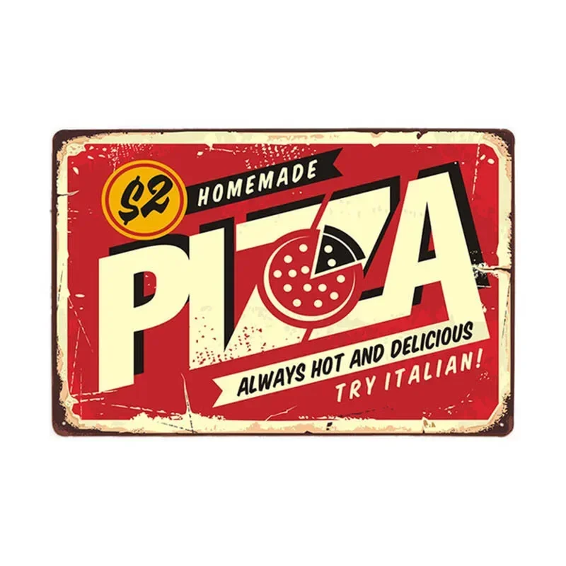 Vintage Tin Pizza Sign - Retro Metal Wall Art for Dining Room or Restaurant Decor