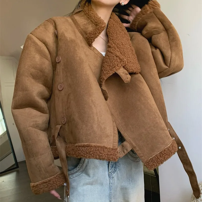 

Hsa 2023 Winter Thickened and Warm Large Polo Collar Leather and Wool Integrated Locomotive Lamb Wool Cotton Coat