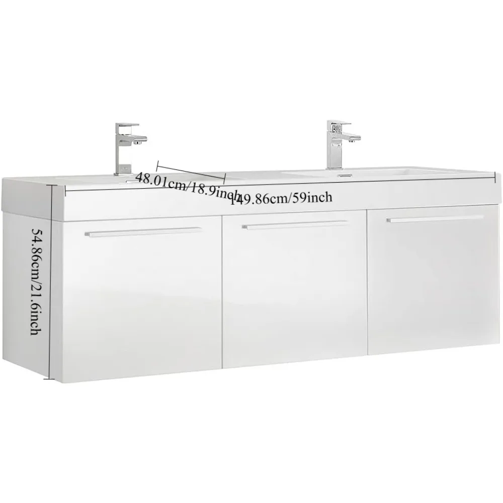 60 Inch White Wall Hung Modern Double Bathroom Vanity - Includes Integrated White Sink with 3 Cabinets - Faucet Not Included 3
