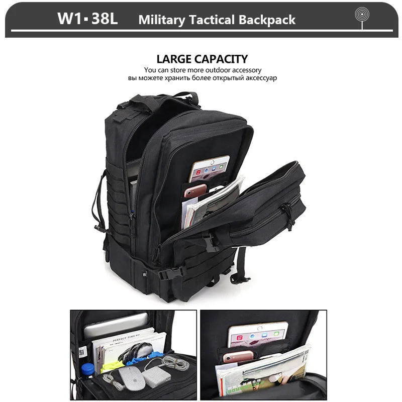 Taktischer Rucksack, 3-Tage-Assault-Pack, Molle-Tasche, 38/45 l, groß, wasserdicht, für den Außenbereich, Wandern, Camping, Reisen, 600D-Rucksack, Herren, Angeln – Detail 8