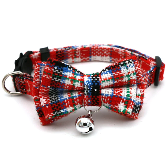 Pet Breakaway Cat Collar Bow Tie And Bell Cute Plaid Christmas Red Elastic Adjustable Dog Collar With Sash Small Bell For Cats 4