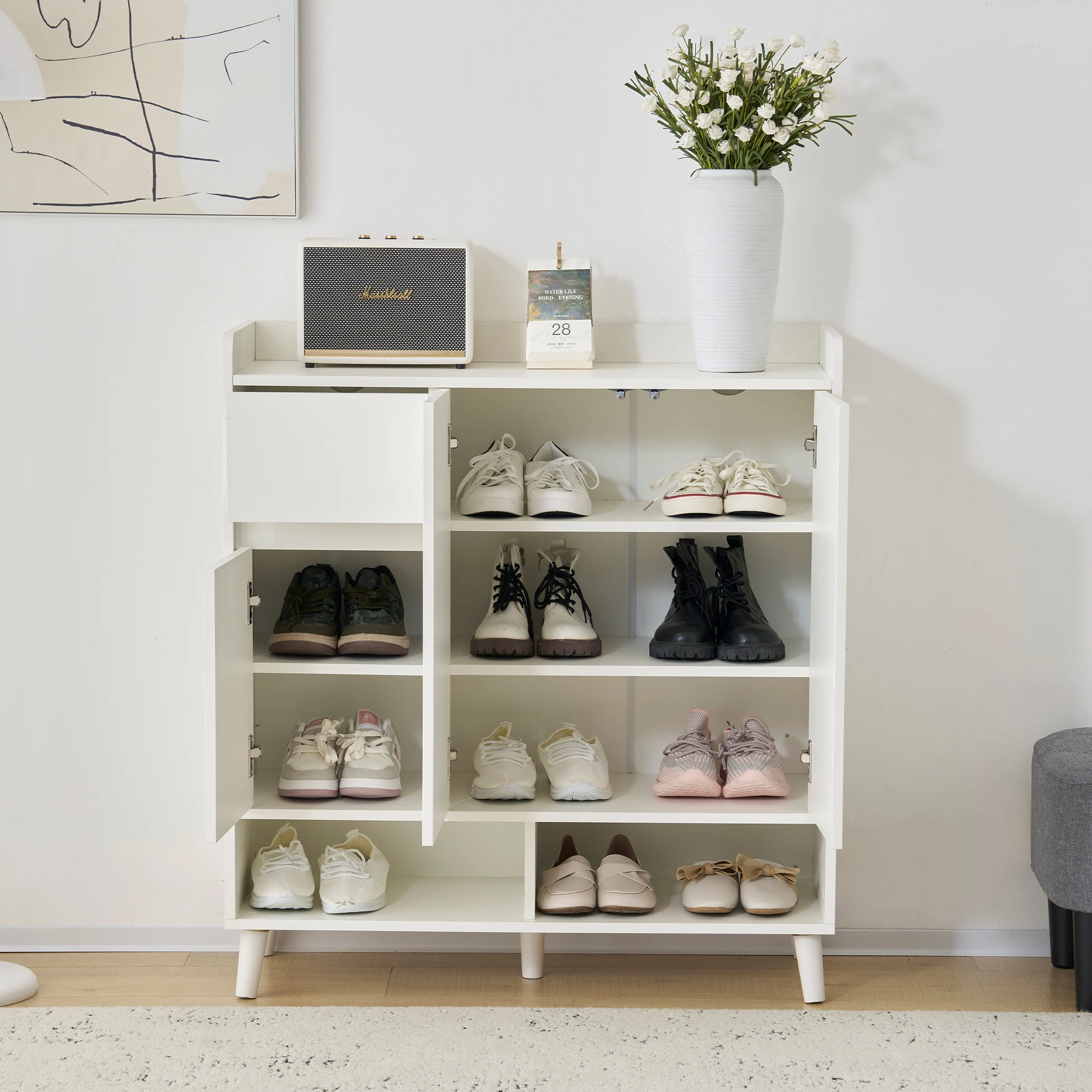 Closet Sideboard Shoe Wardrobe with Adjustable Folding Minimalist Design and Solid Wood Legs Organizer