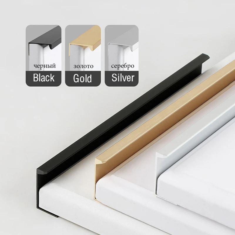KAK Hidden Long Furniture Handles Black Kitchen Cabinet Handle Pulls Non Punched Aluminum Alloy Cupboard Door Handle Hardware Furniture Handles