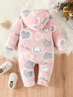 Toddler Active baby girl Love pattern fuzzy button-up hooded baby clothing Jumpsuit one-piece clothing Winter style Romper 2