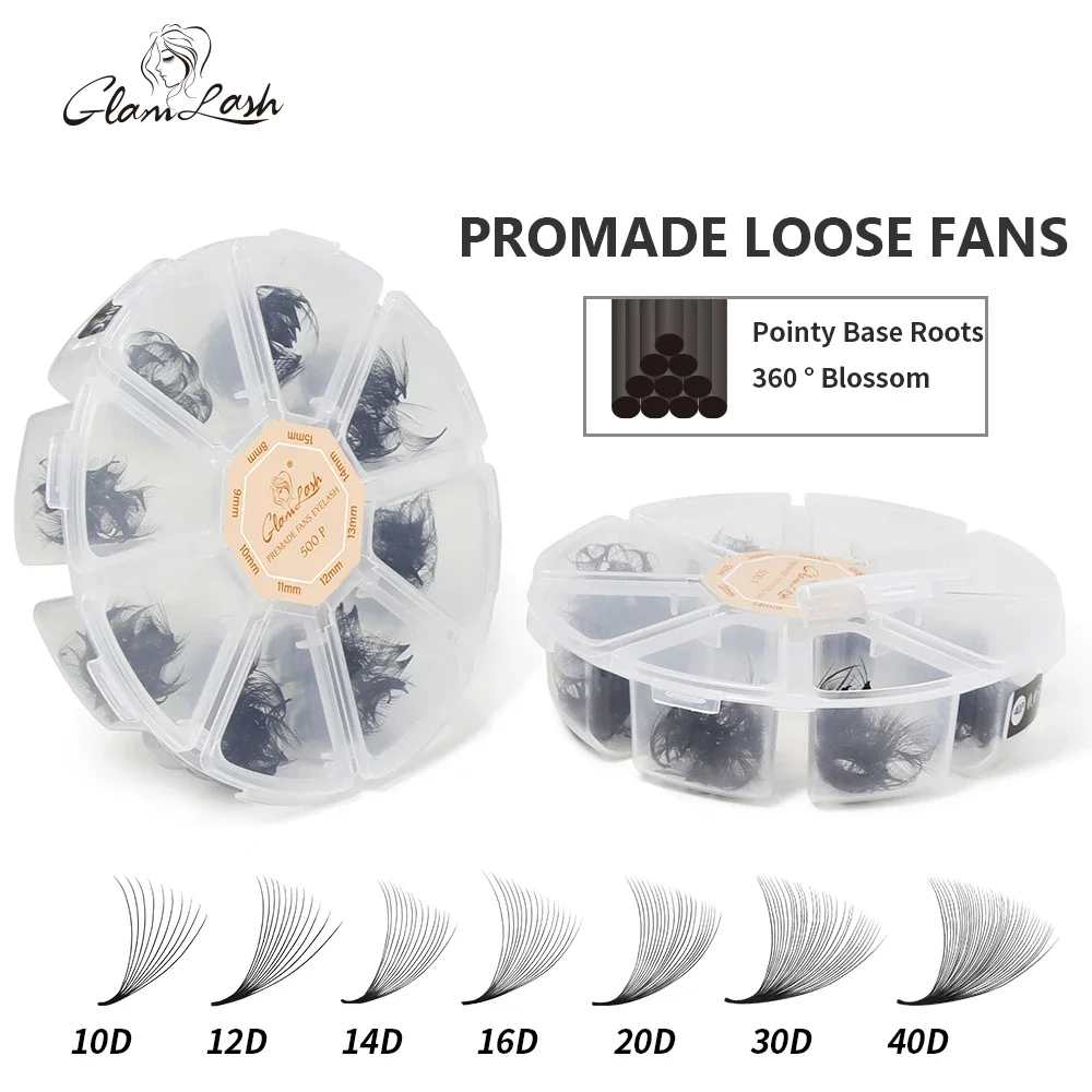 GLAMLASH Loose 10D12D14D16D20D30D40D Pointy Base Lash Mix Länge Mittlerer Stiel Vorgefertigte Volumenfächer Wimpernverlängerung Make-up
