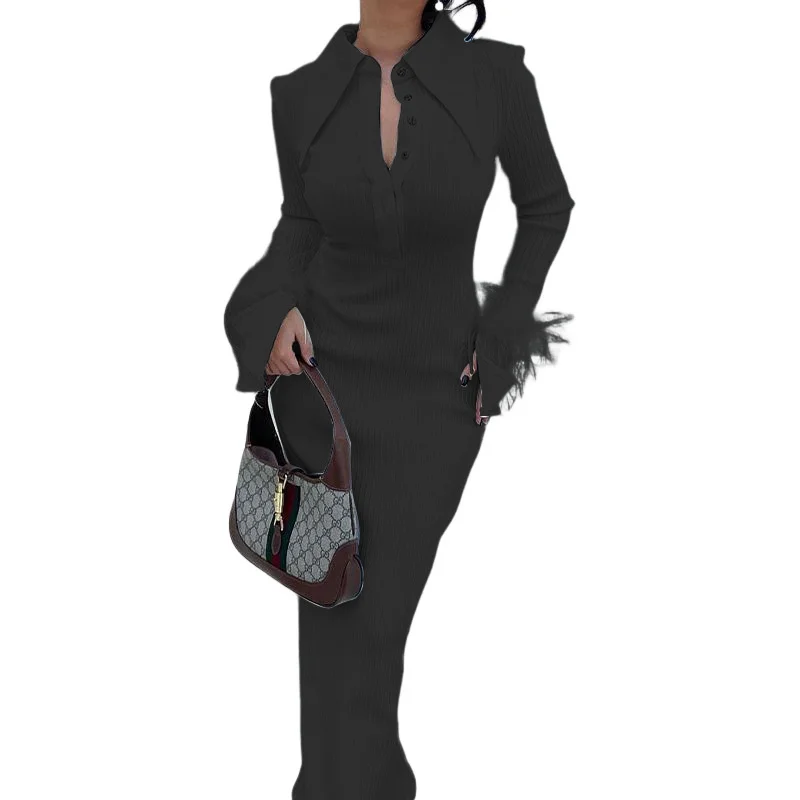 Autumn & Winter New Women's Fashion Polo Neck Feather Long Pit Stripe Dress Elegant & Beautiful Party Evening Dress