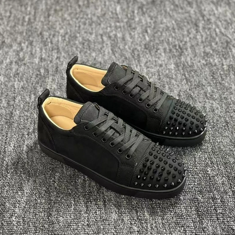 

plus size men casual rivets shoes lace-up cow suede leather studded shoe black white flats sneakers stage nightclub footwear man