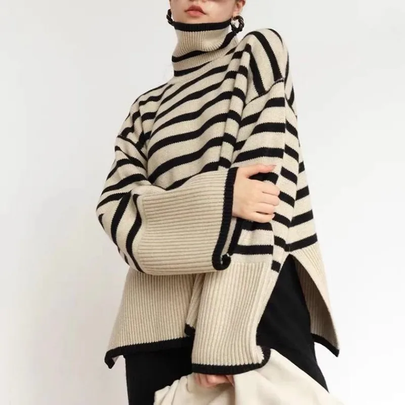 

Loose Striped Turtleneck Sweater Knitted Pullover Tops Women's High Collar Casual Oversize Sweater Pullover Jacket Streetwear