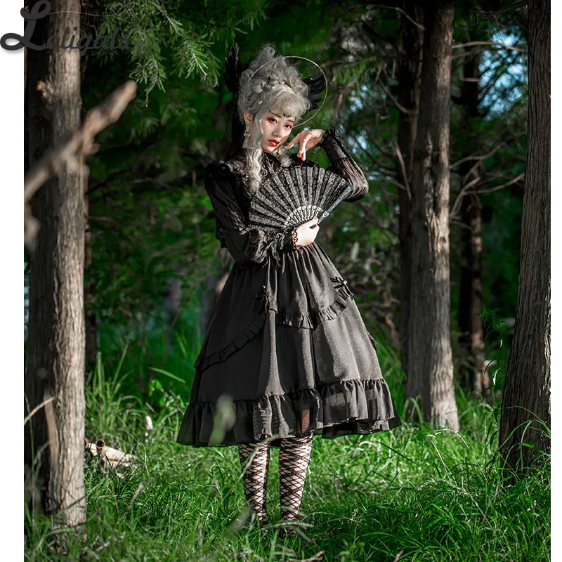 Pre-order Vintage Lolita Costume Long Sheer Sleeve Casual Dress Lace Ruffled Illusion Neck Midi Gothic Party Dress