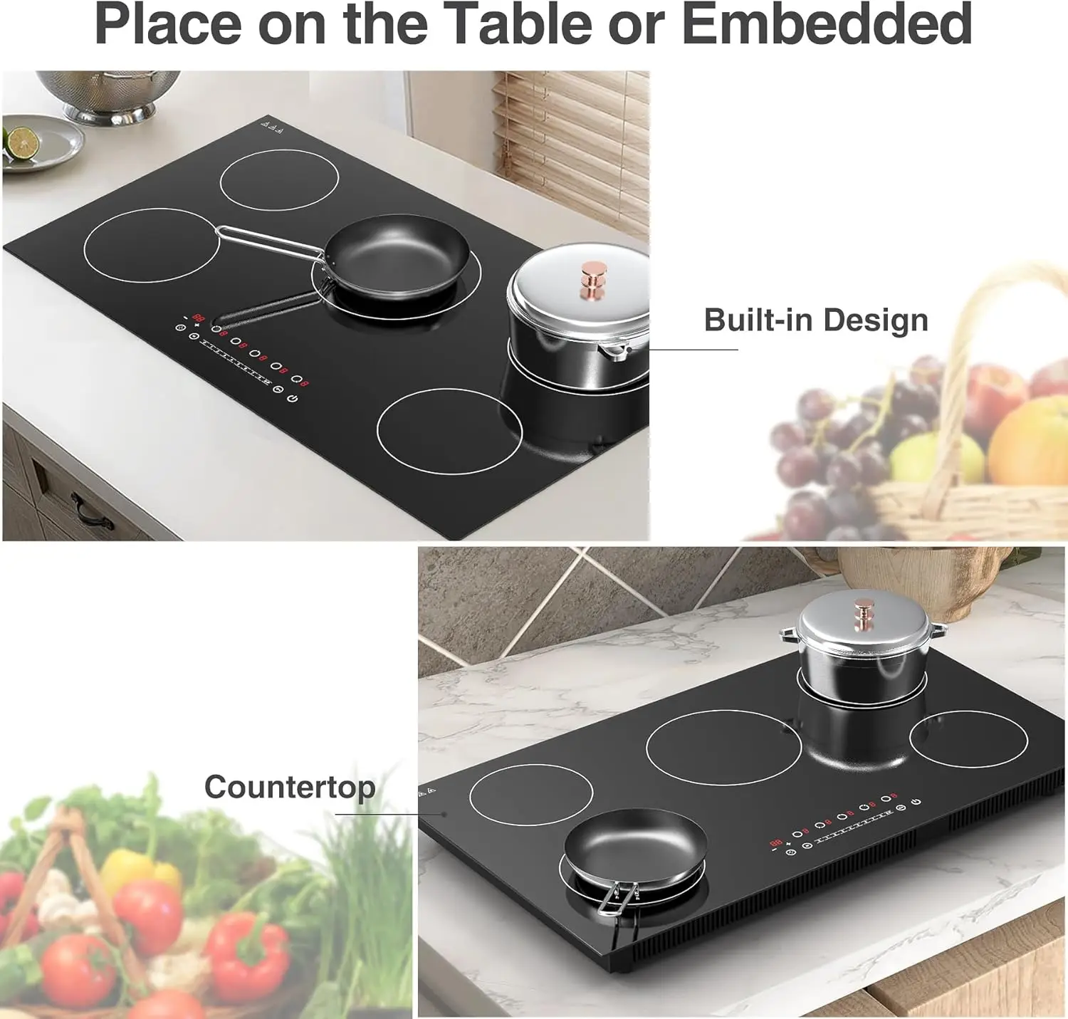 Induction Cooktop, with 5 Burners Desktop Built-in , 7400W 240V Induction  9 Power,Levels Sensor Touch 4