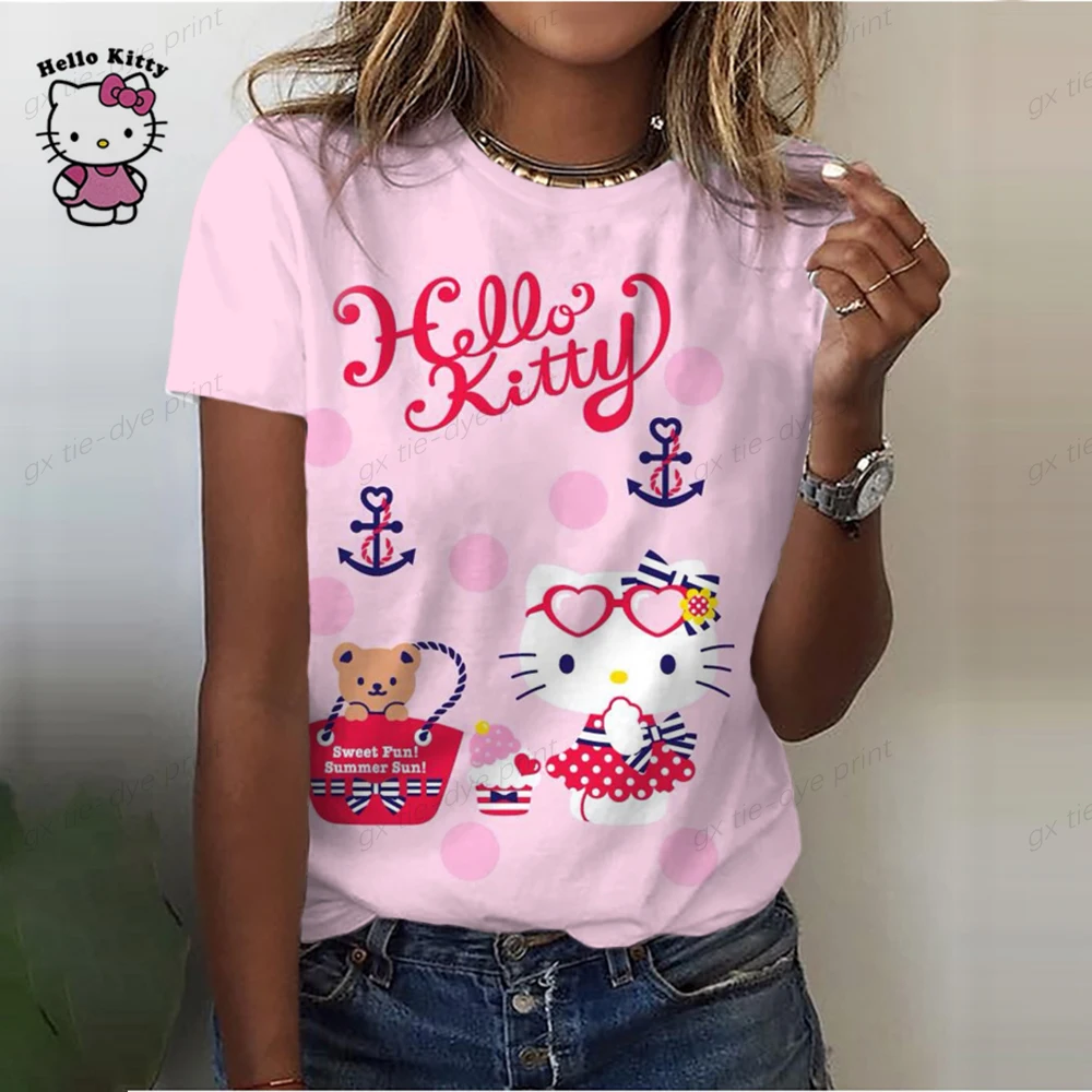 Camiseta de algodón de Hello Kitty para mujer, camiseta de verano con estampado de dibujos animados y cuello redondo, camisa de manga corta para mujer, chándal, ropa holgada