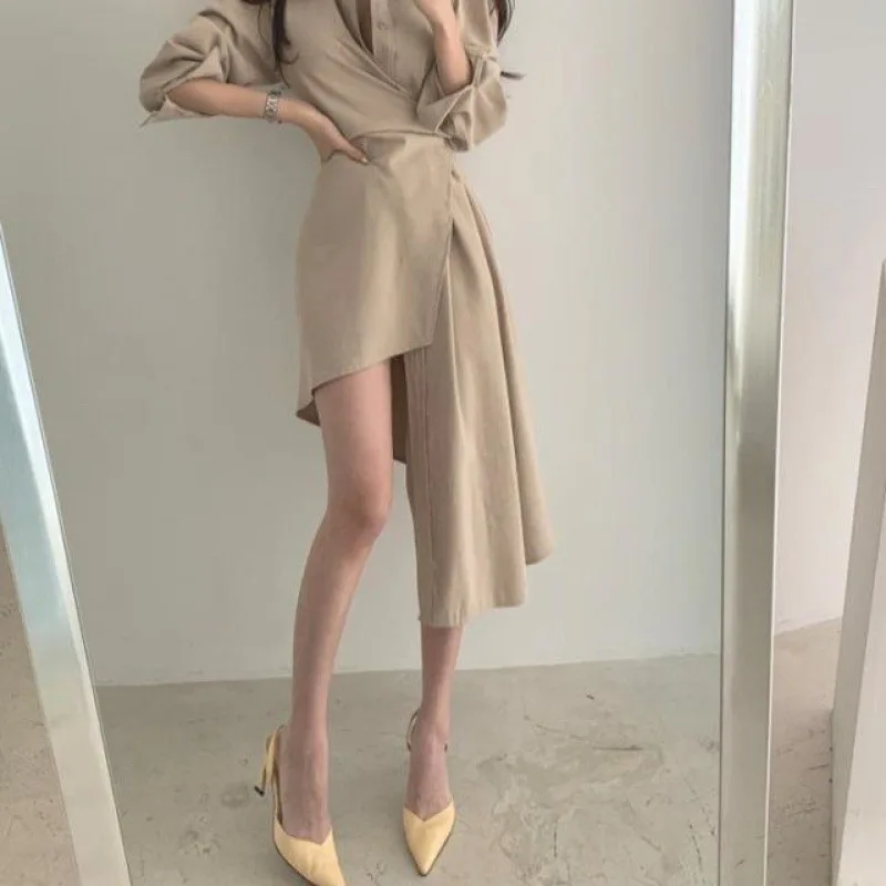 

Korean Fashion Sexy Office Lady Short Dress Blouse Elegant Lady Sexy Japanese Khaki Elegant Irregular Shirt Dress Women's