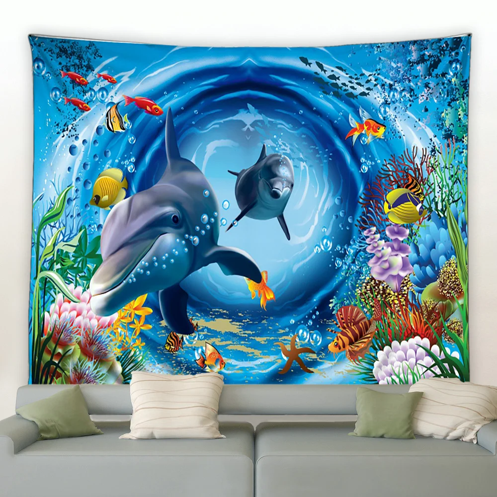 Dolphin Tapestry Cute Sea Animals Wall Hanging Beautiful Ocean Wildlife  Landscape Home Room Living Room Decor Wall Blanket Cloth