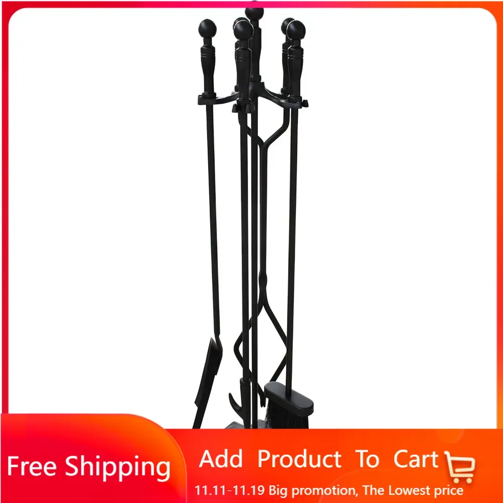 5 Pieces Fireplace Tools Fire Place Pit Poker Wood Stove Log Tongs Holder Tools Kit Sets with Handles Modern Black