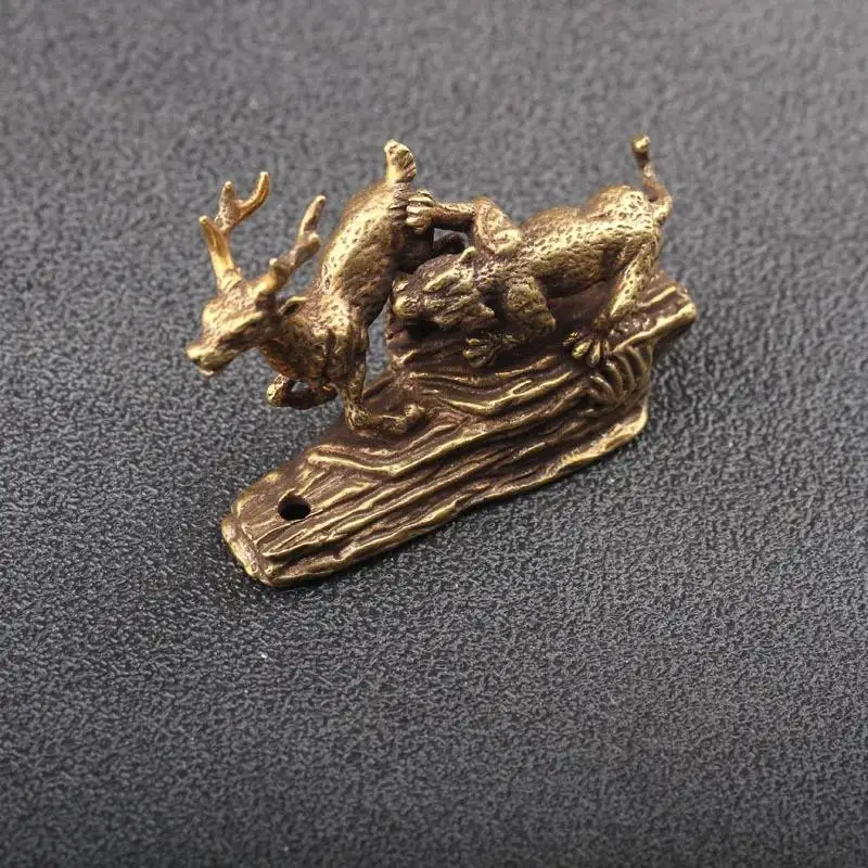 Pure Copper Tiger King Catching Deer Statue Small Ornament Antique Bronze Animal Miniature Figurines Home Desk Decorations Craft