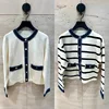 2025 Spring Women Denim Splice Knit Cardigan Contrast Color Stripes O-Neck Female Preppy Style Sweater Coat 1
