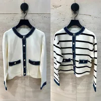 2025 Spring Women Denim Splice Knit Cardigan Contrast Color Stripes O-Neck Female Preppy Style Sweater Coat 1