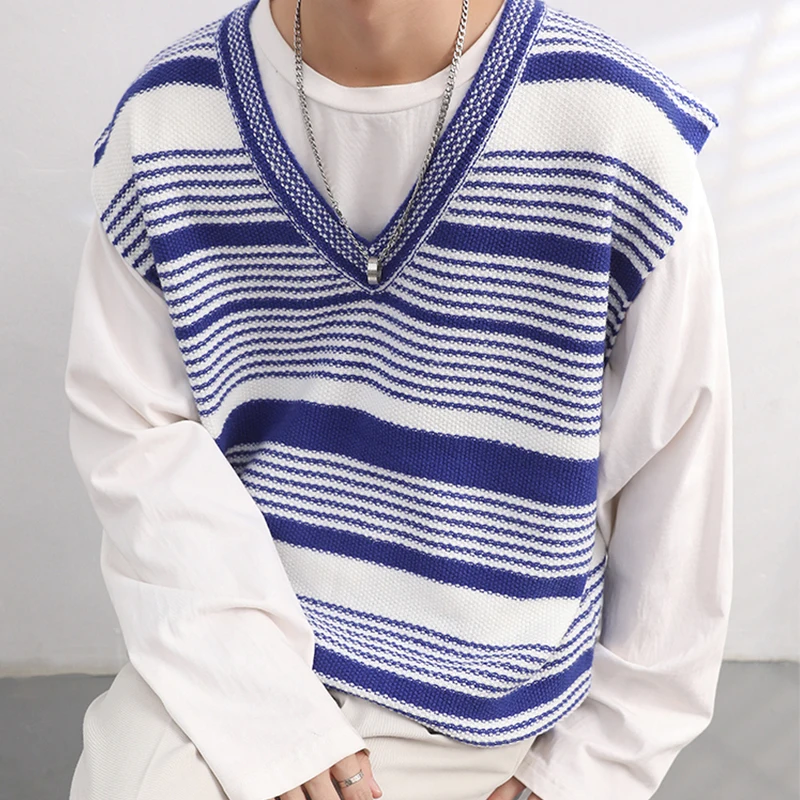 Autumn Clothing Men's Striped Knit Vest Sweater Fashion Patchwork V Neck Sleeveless Loose Stylish Vintage Leisure Knitwear M-2XL