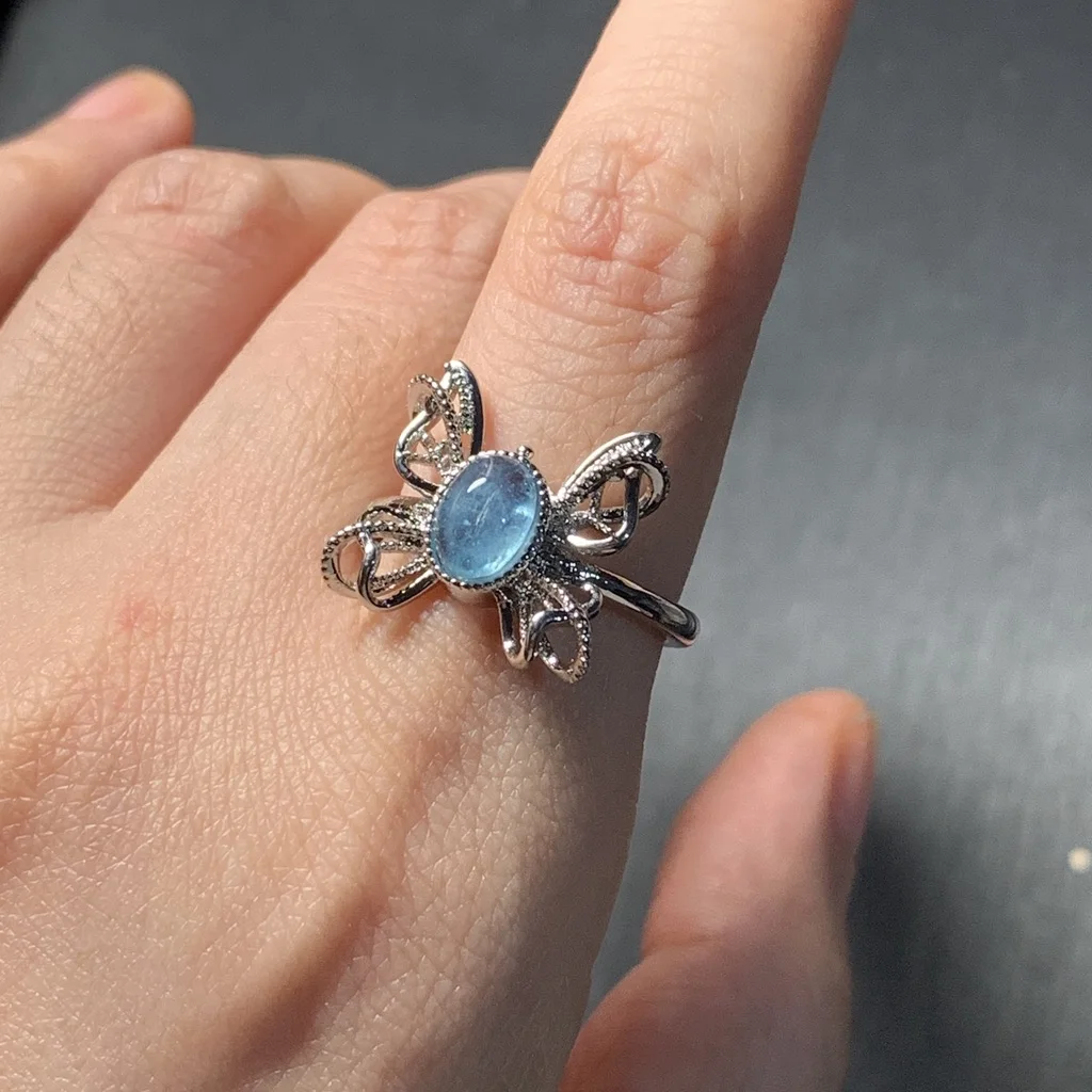MM Natural Aquamarine Ring  Adjustable Female  Jewelry for Women Gift Wholesale High Quality Vintage Fine