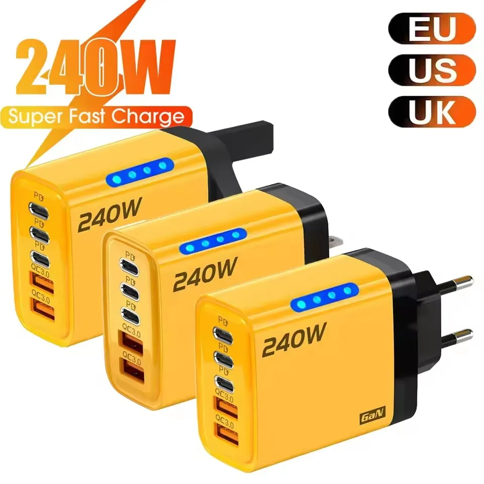 240w Gan Fast Charger With Led Light 5 In 1 2usb+3type-C Multi Port Phone Charger For Iphone15-17Series Samsung Huawei Xiaomi 15 1